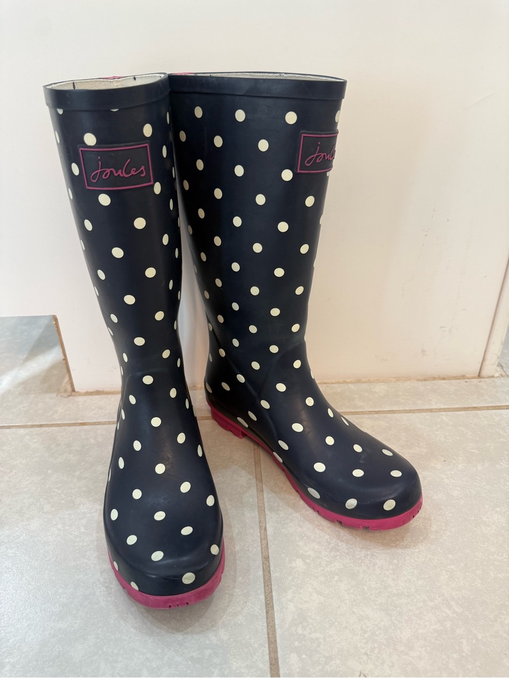Joules Blue Polka Dot Rain Boots Women's Size 8 Pink Trim Wellies